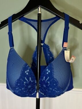 NWT- Cacique Royal Blue Lace & Mesh Racerback Underwire Bra. Size 40D